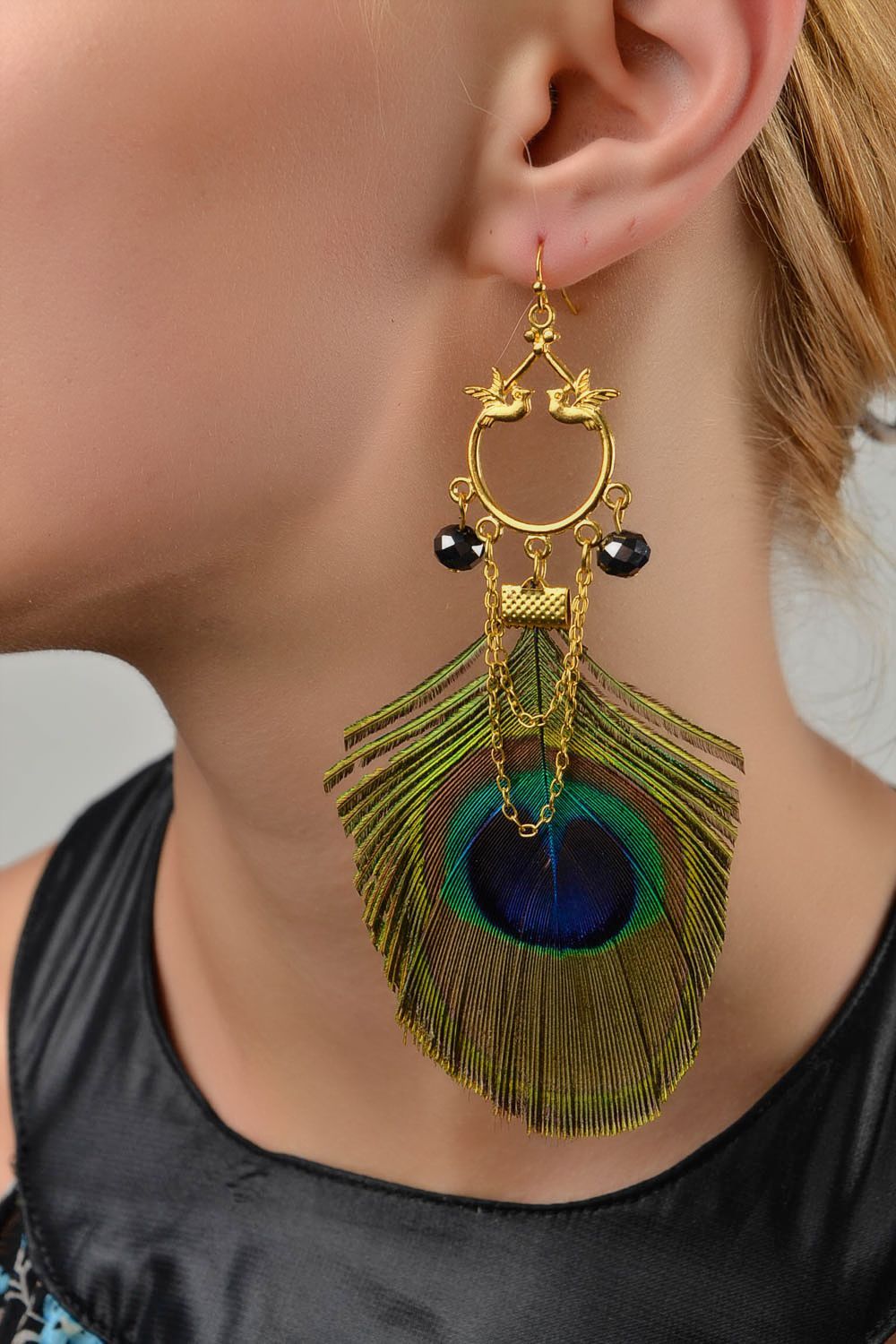 Handmade peacock feather earrings unique designer jewelry stylish present photo 2