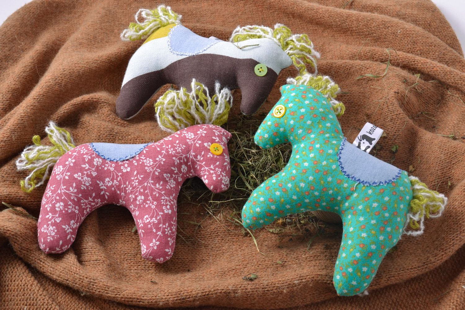 Set of 3 handmade small cute soft toys sewn of colorful fabric horses  photo 1