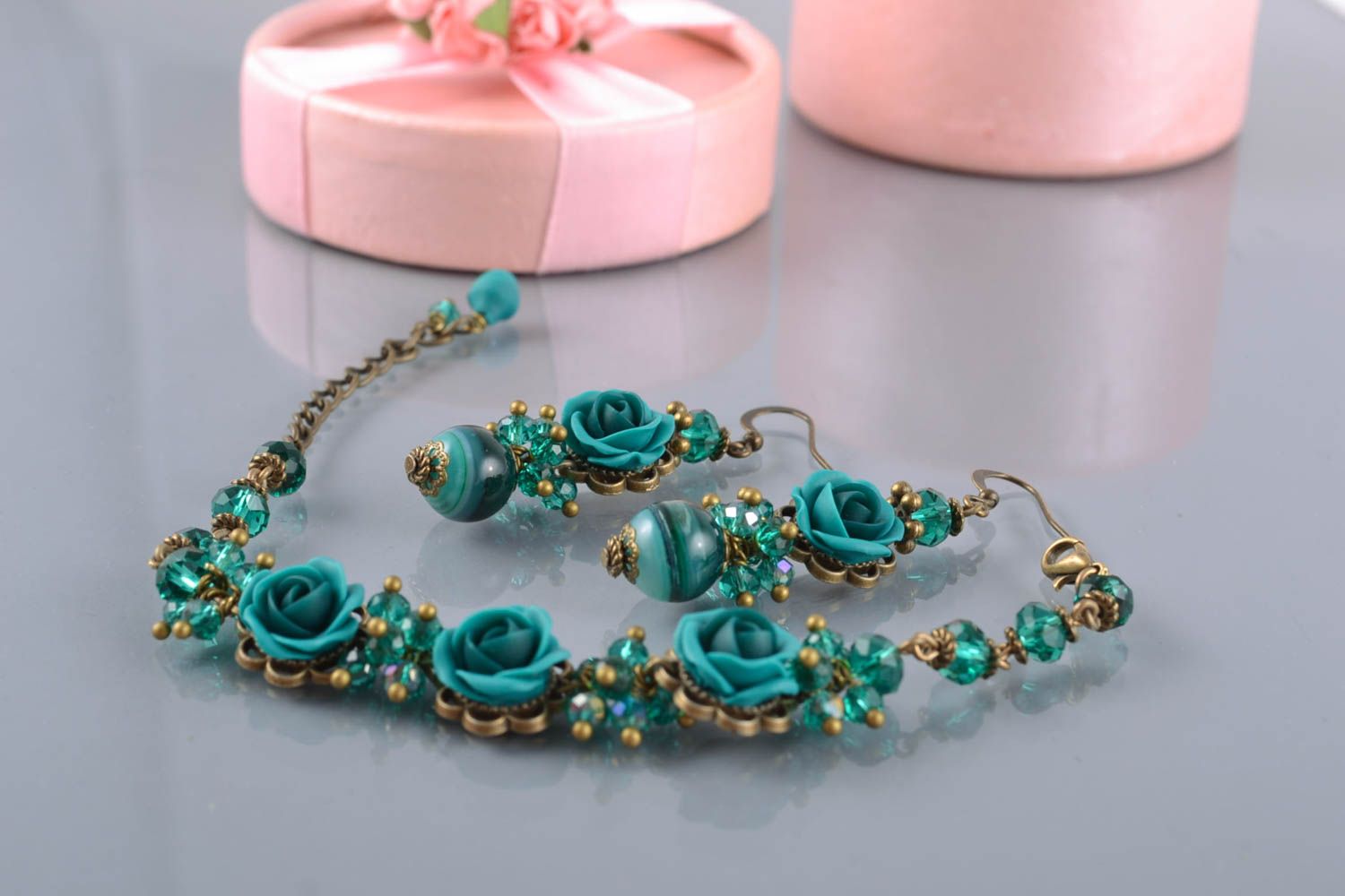 Dark green charm chain bracelet and earrings set for women photo 1
