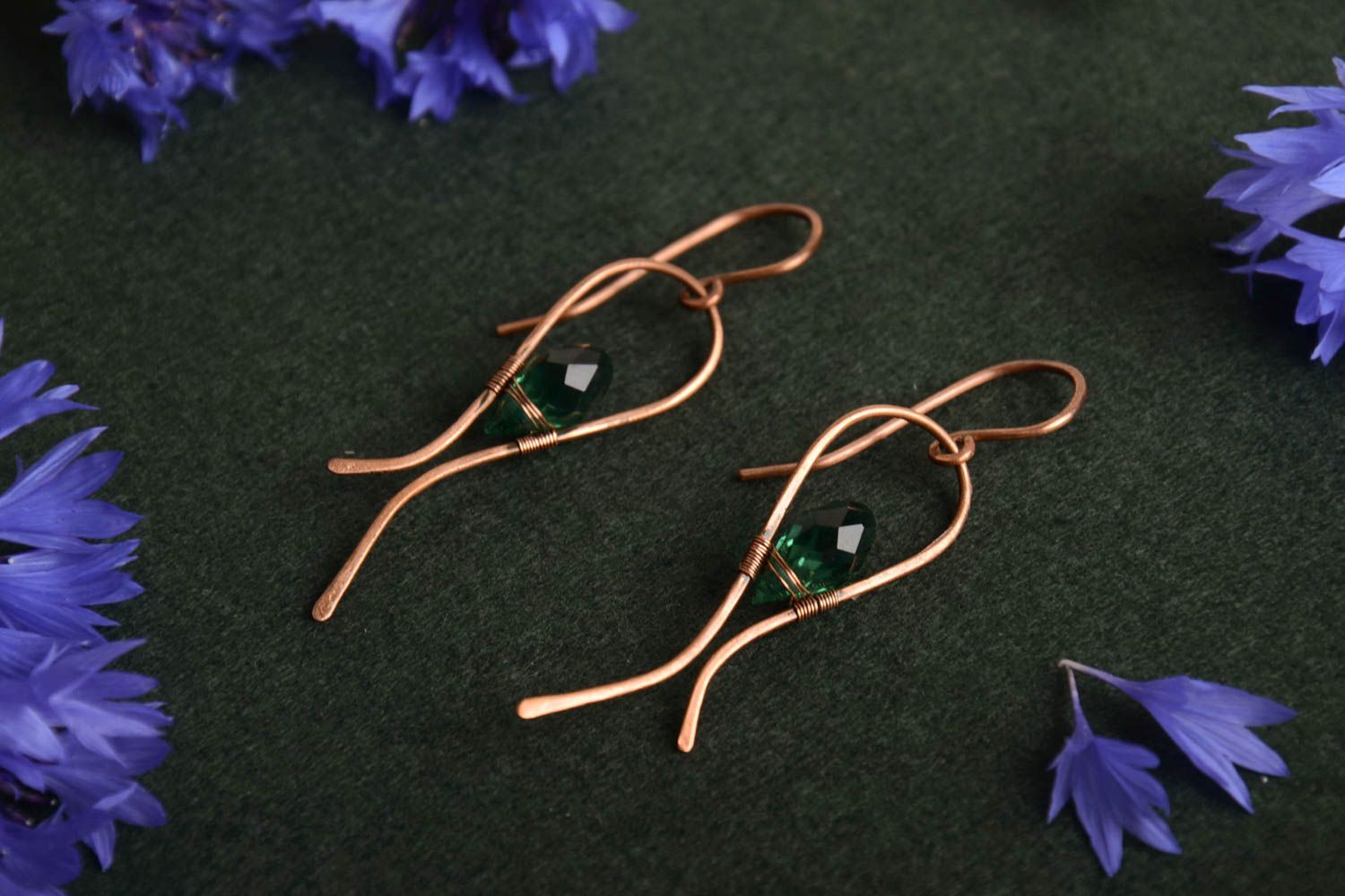 Handmade laconic wire wrap copper earrings with green crystal glass beads photo 1