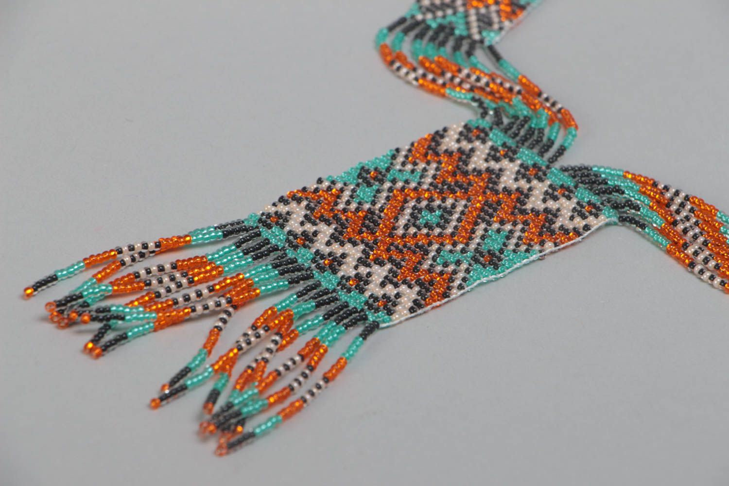 Unusual beautiful bright handmade woven beaded gerdan necklace with ornament photo 3