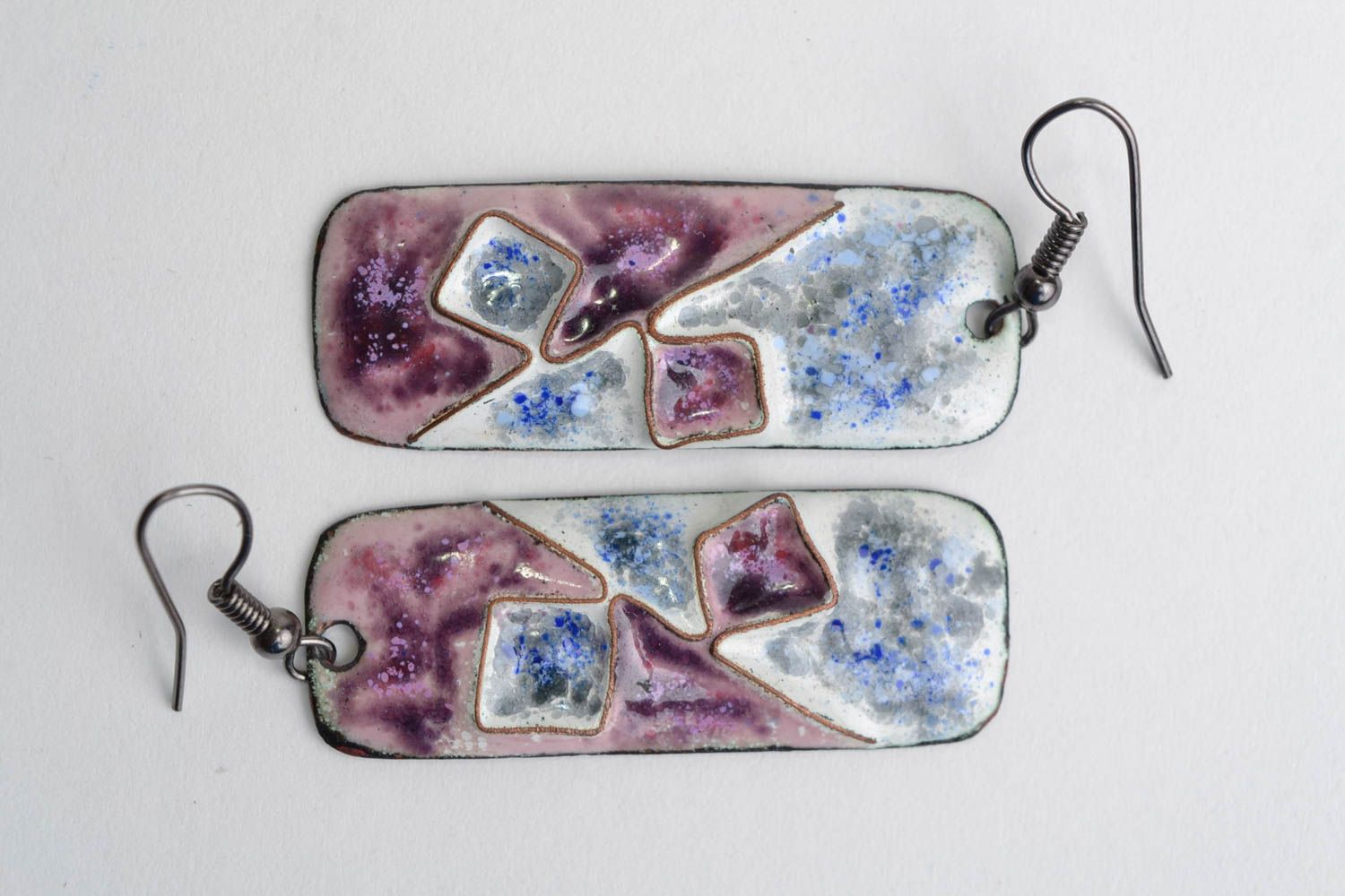 Handmade tender blue and violet enameled copper rectangular earrings Diagonal photo 1