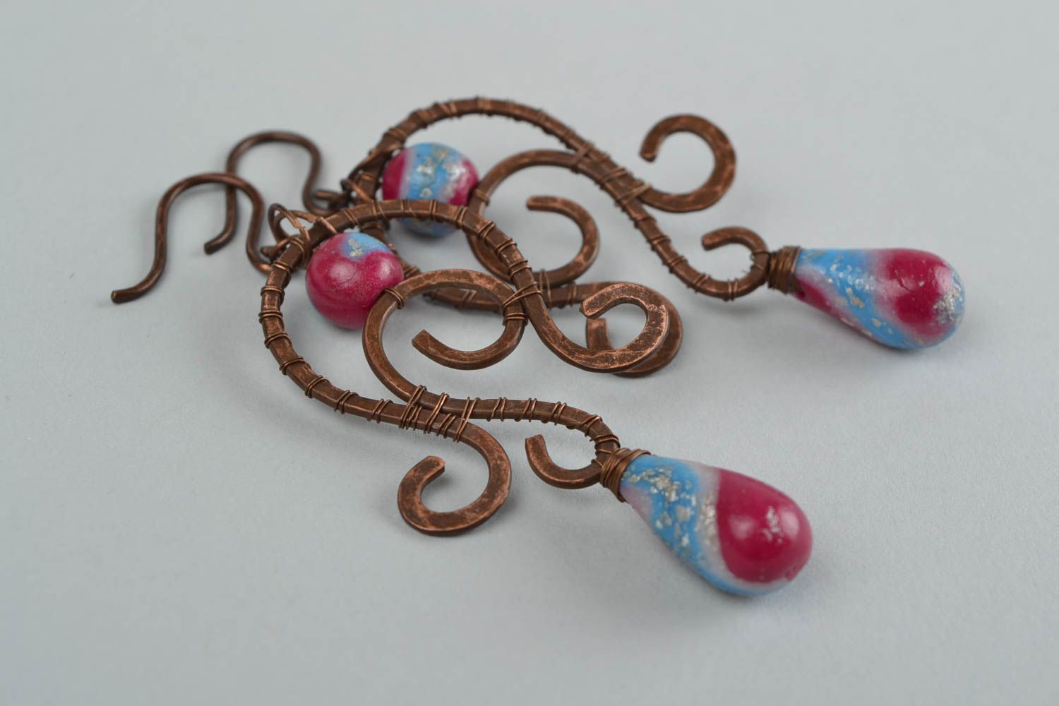 Unusual handmade wire wrap copper earrings with polymer clay beads photo 5