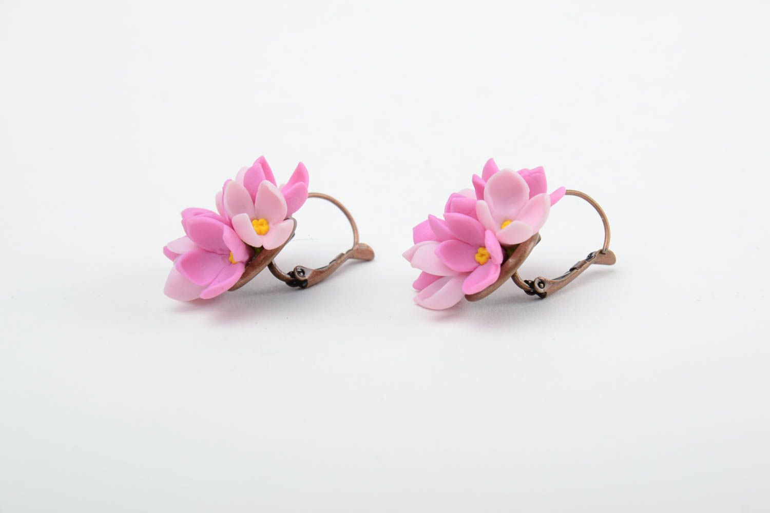 Handmade small festive earrings with tender pink cold porcelain lilac flowers photo 4