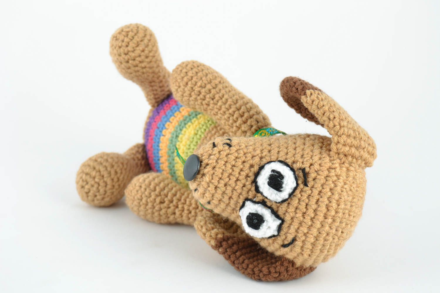 Handmade designer small soft toy crocheted of semi wool and wool cute dog photo 3