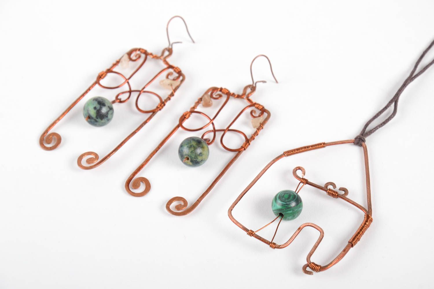 Handmade earrings with natural stones wire wrap pendant copper jewelry photo 3