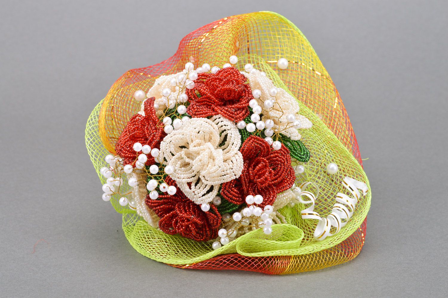Magnificent bright handmade white and red wedding bouquet woven of beads  photo 2