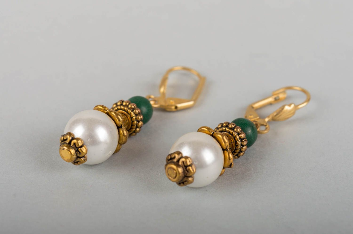 Brass earrings with agate and pearls handmade evening accessory for women photo 3