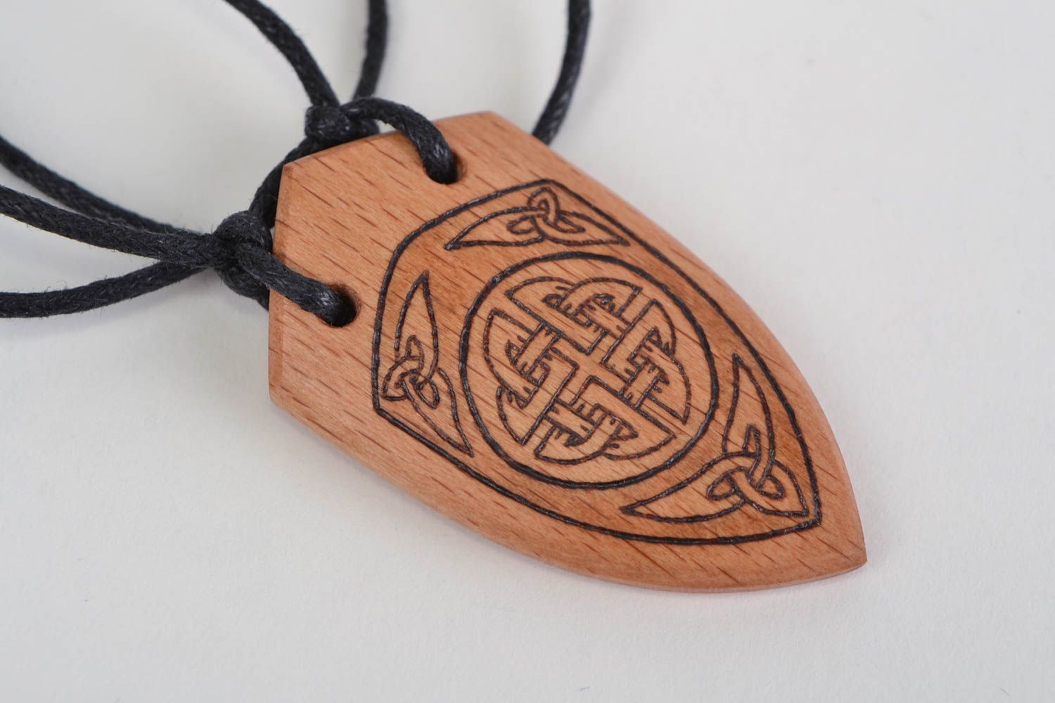 Designer wooden handmade pendant necklace in ethnic style with pyrography Shield photo 4