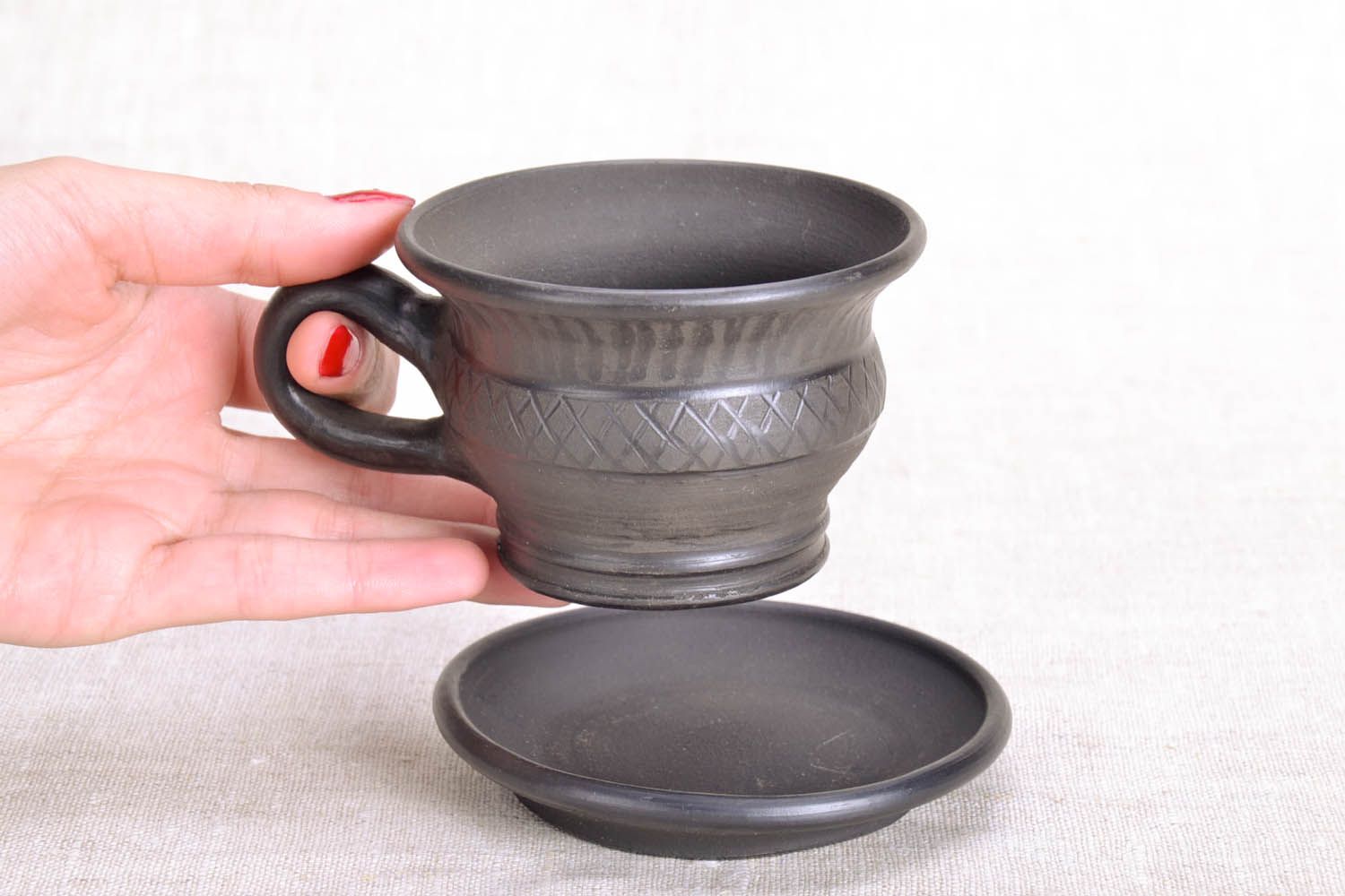 Black natural lead-free clay cup with handle and saucer  photo 5