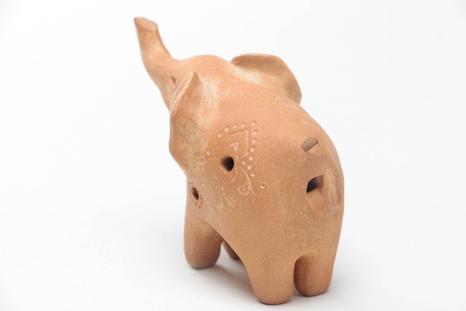 Small handmade brown clay ocarina in the shape of elephant ceramic penny whistle photo 4