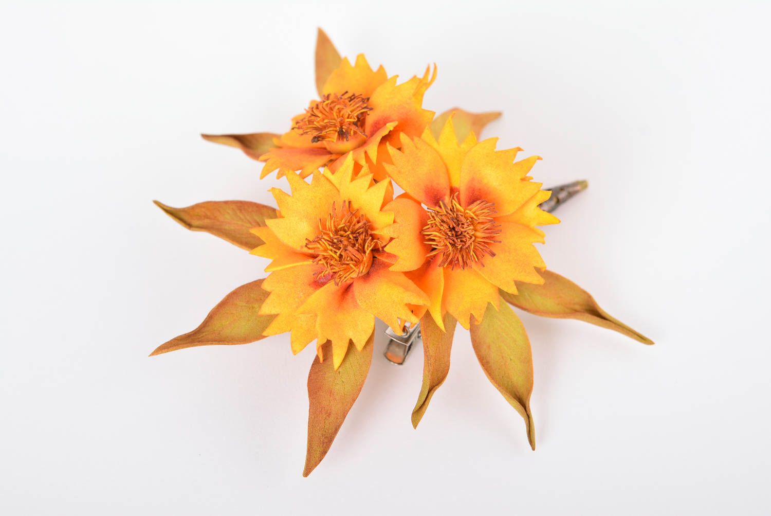 Broche fleurs Pince à cheveux faite main orange foamiran Accessoire femme photo 1