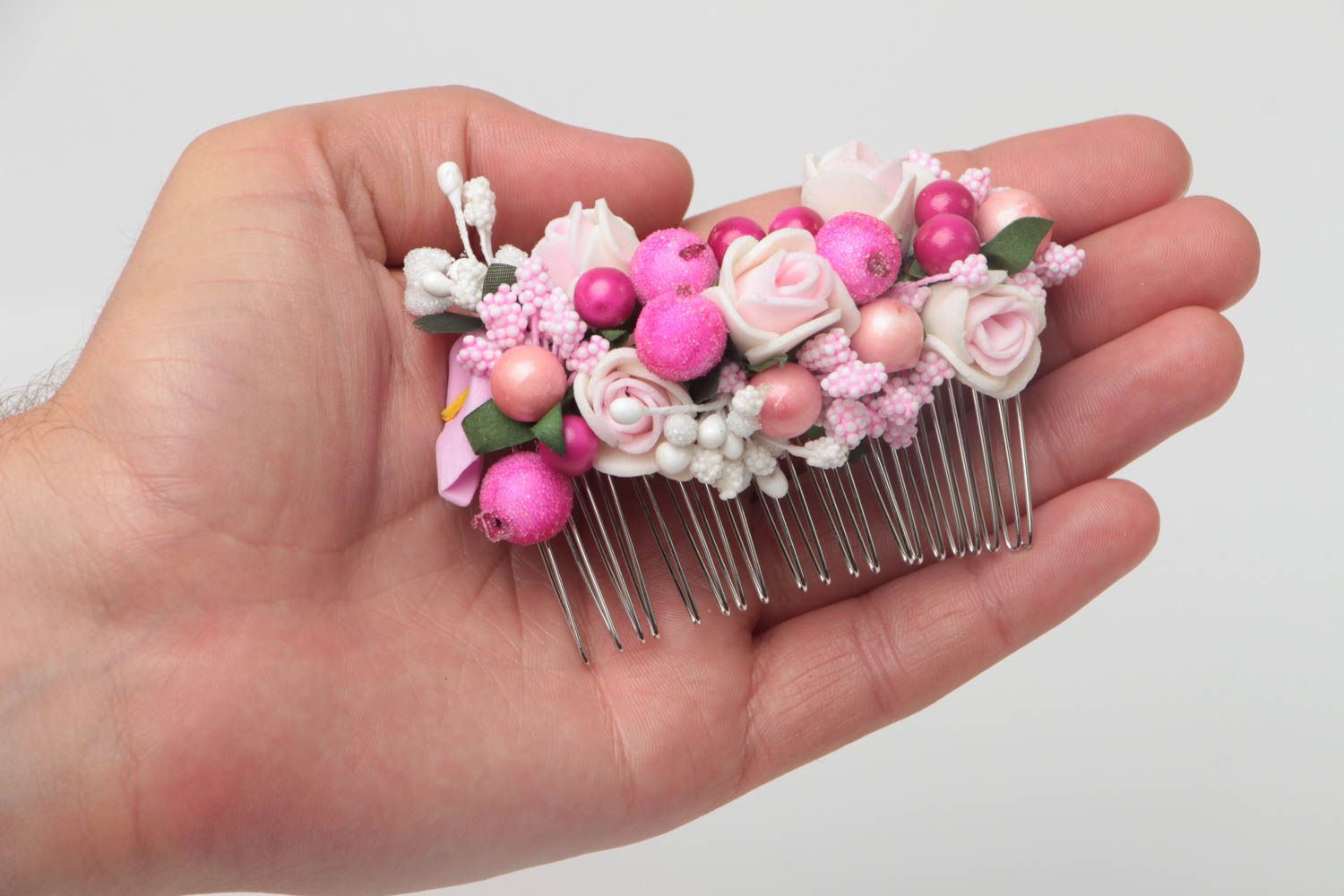 Joli peigne à cheveux floral rose original accessoire fait main pour femme photo 5