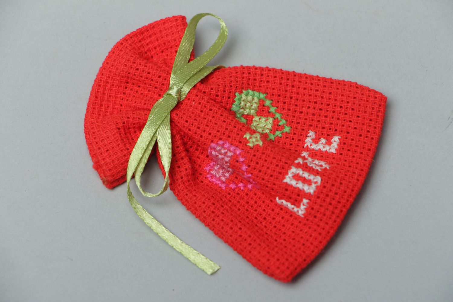 Handmade gift bag sewn of cross stitch canvas Love photo 1