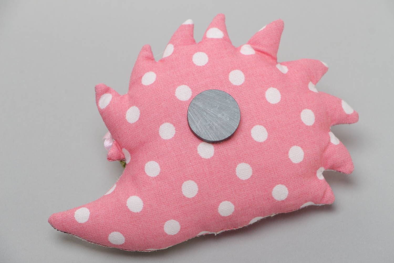 Handmade fridge magnet soft toy sewn of polka dot pink cotton fabric Hedgehog photo 4