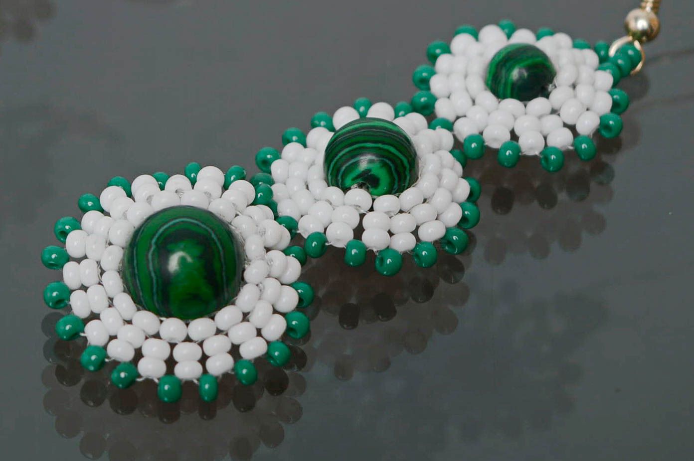 Long green beaded earrings with malachite photo 3