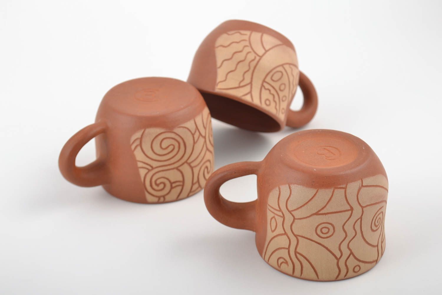 Set of clay cups painted with mineral engobes 3 pieces handmade pottery for home photo 4