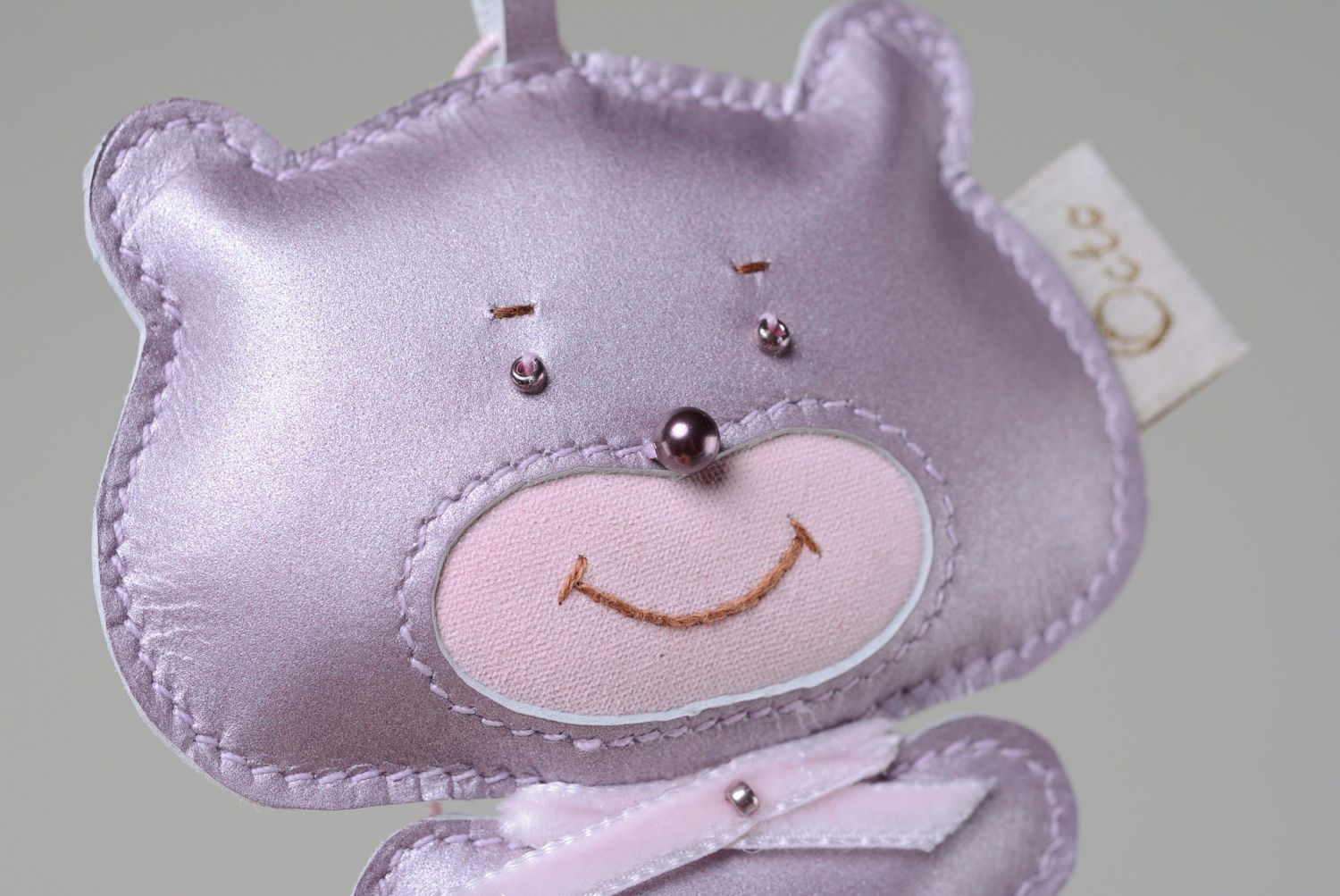 Handmade cute leather keychain handbag charm in the shape of bear of violet color photo 2
