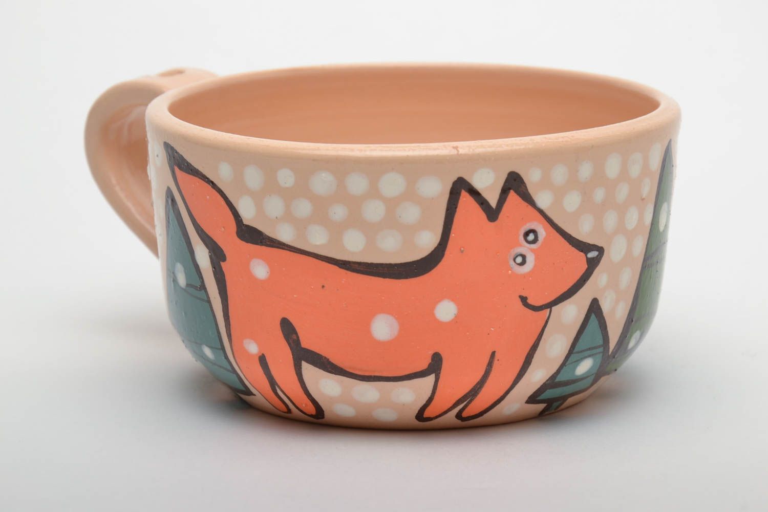 Handmade 5 oz ceramic flat coffee cup with fox photo 2