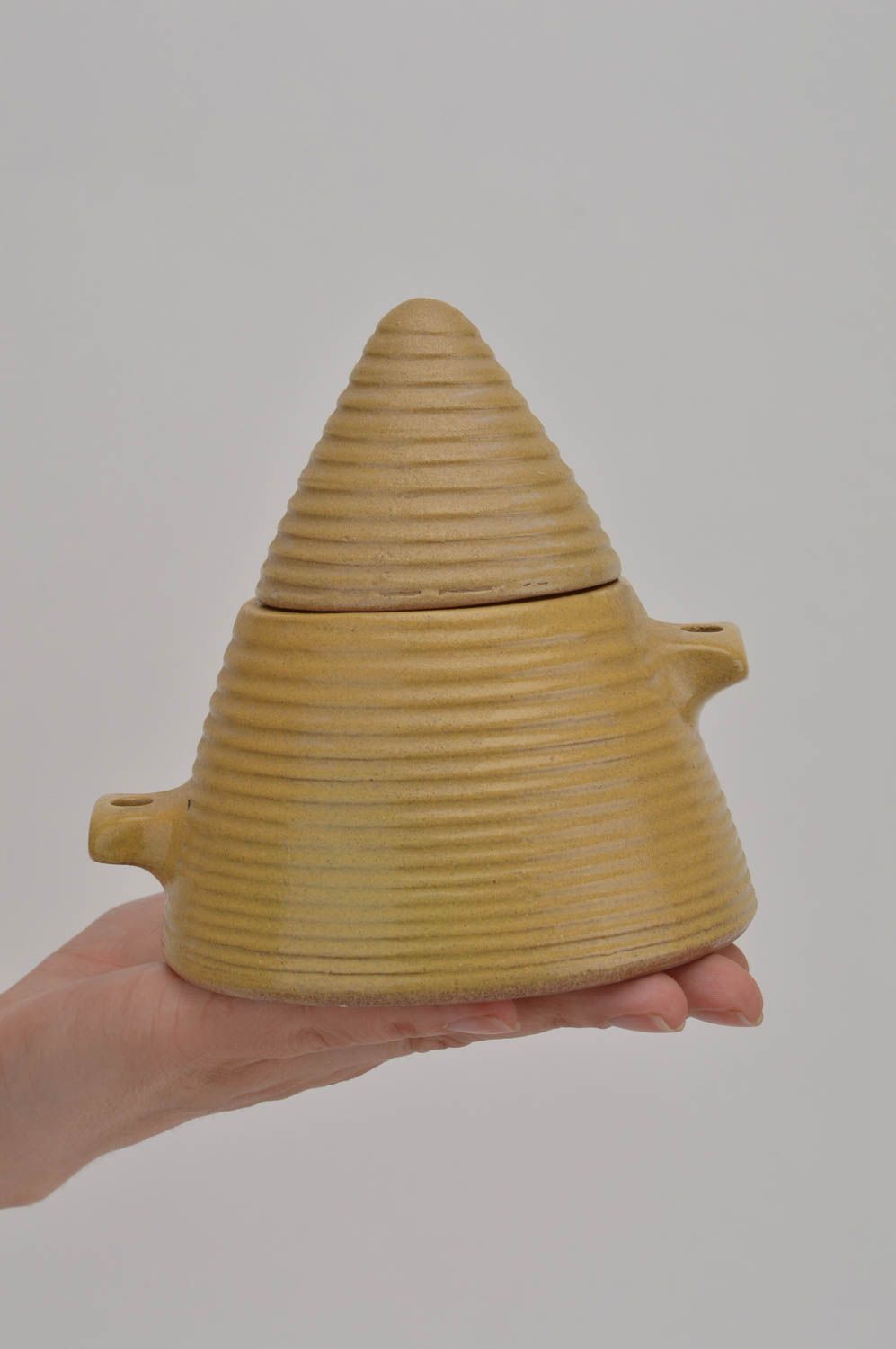 Handmade yellow sugar bowl for lump sugar with lid in shape of pyramid  photo 3