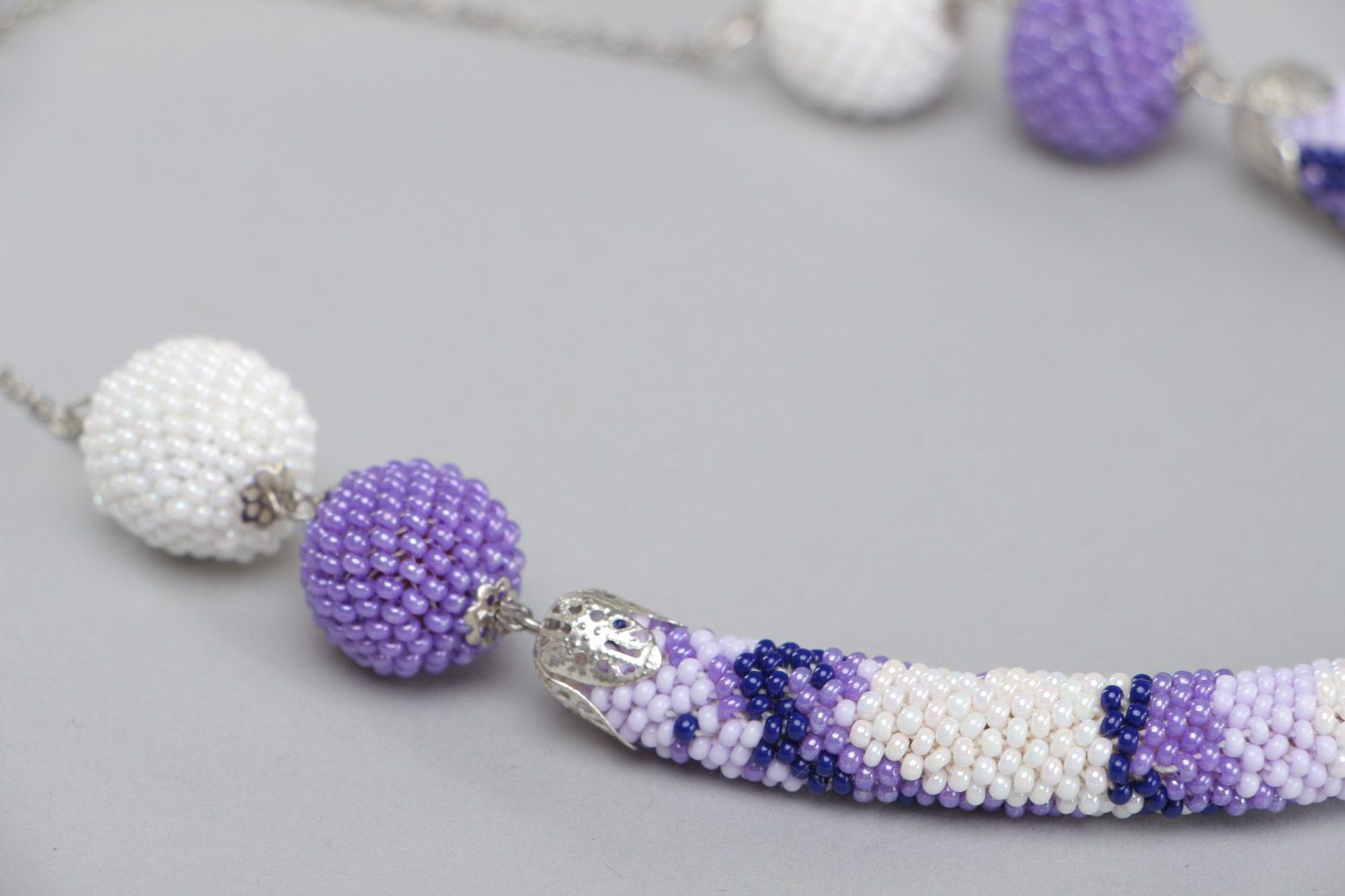 Unusual white and violet handmade beaded cord necklace with Czech seed beads photo 3