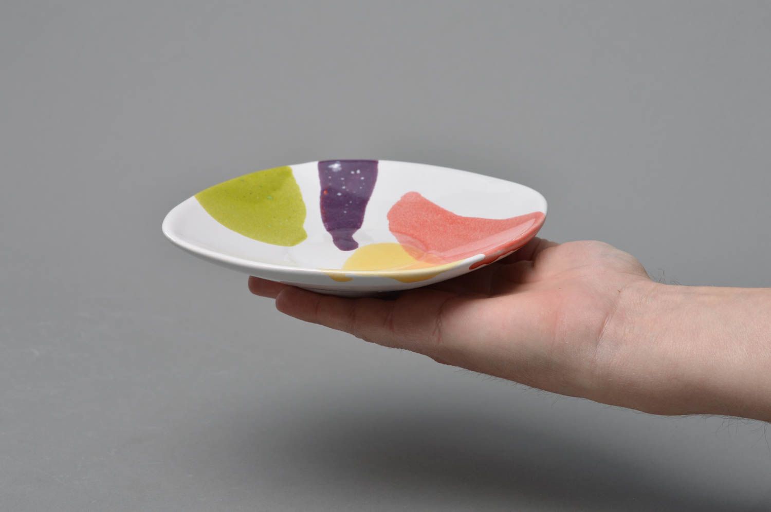 Handmade porcelain saucer with colored glaze painting with abstract pattern photo 4