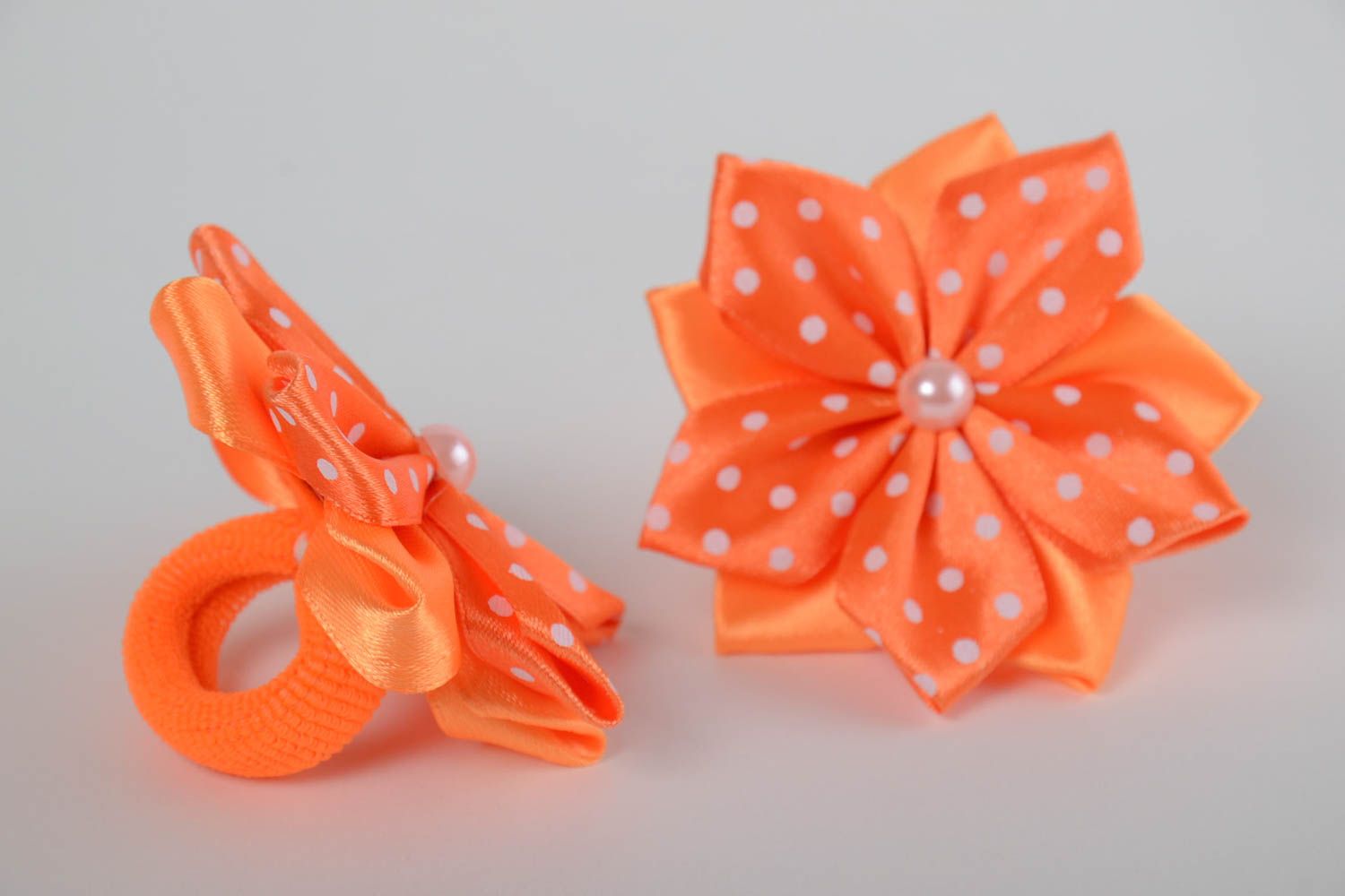 Set of 2 handmade bright hair bands with satin ribbon orange flowers for girls photo 2