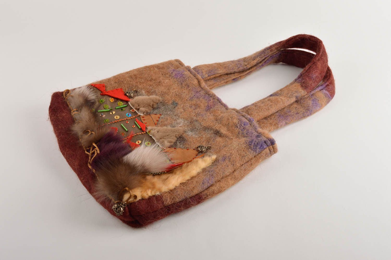 Женская сумка ручной работы сумка из шерсти коричневая сумка валяние с ручками фото 3