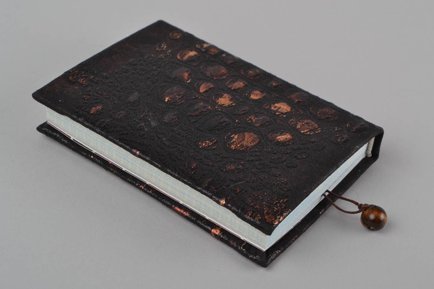 Handmade scrapbooking designer notebook with dark faux leather cover with bead photo 5