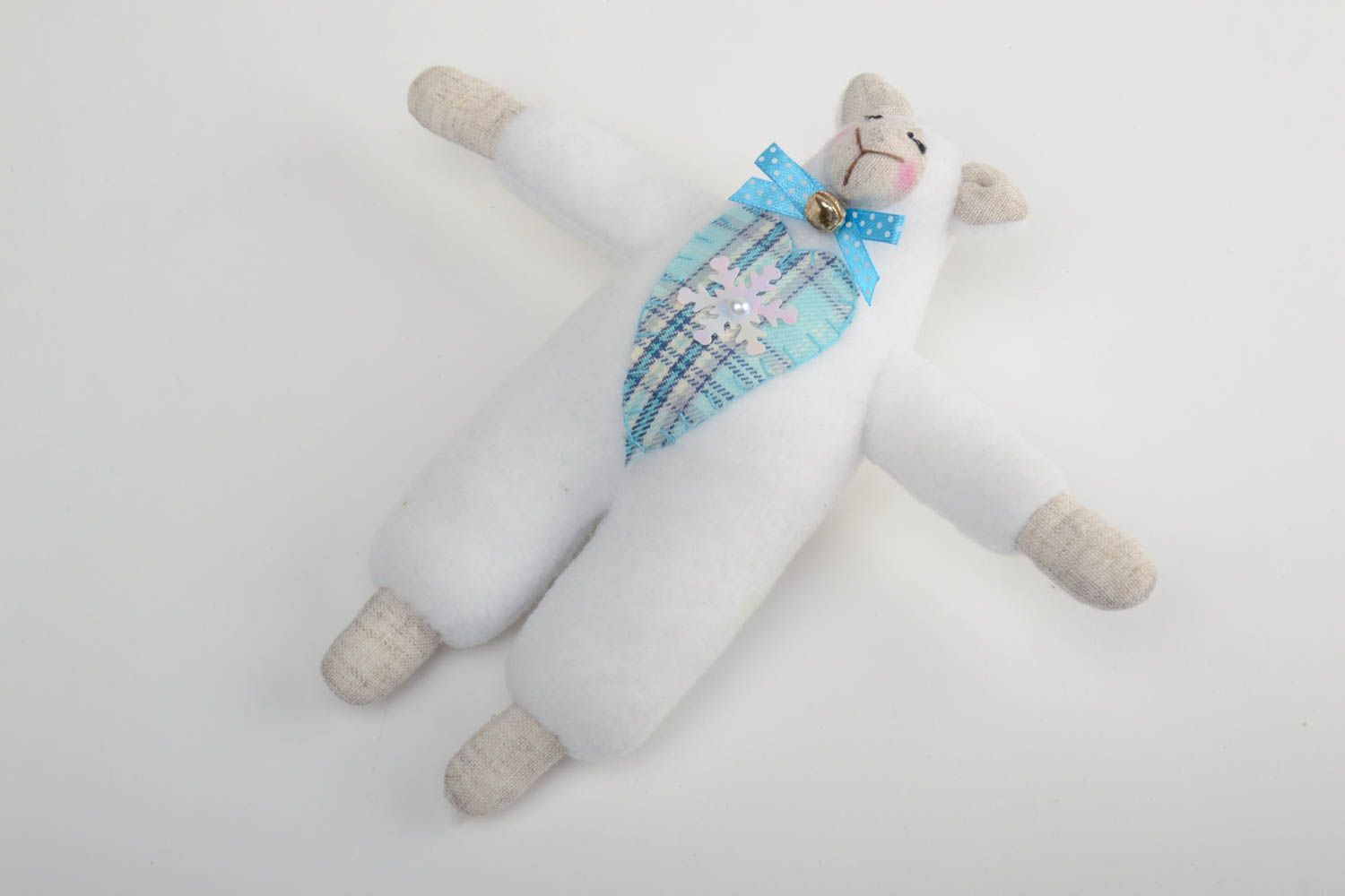 Handmade soft toy sewn of cotton and fleece white lamb with blue checkered heart photo 2