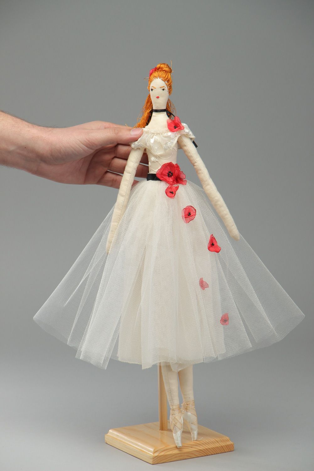 Handmade designer soft doll sewn of linen and guipure fabrics Ballerina photo 4