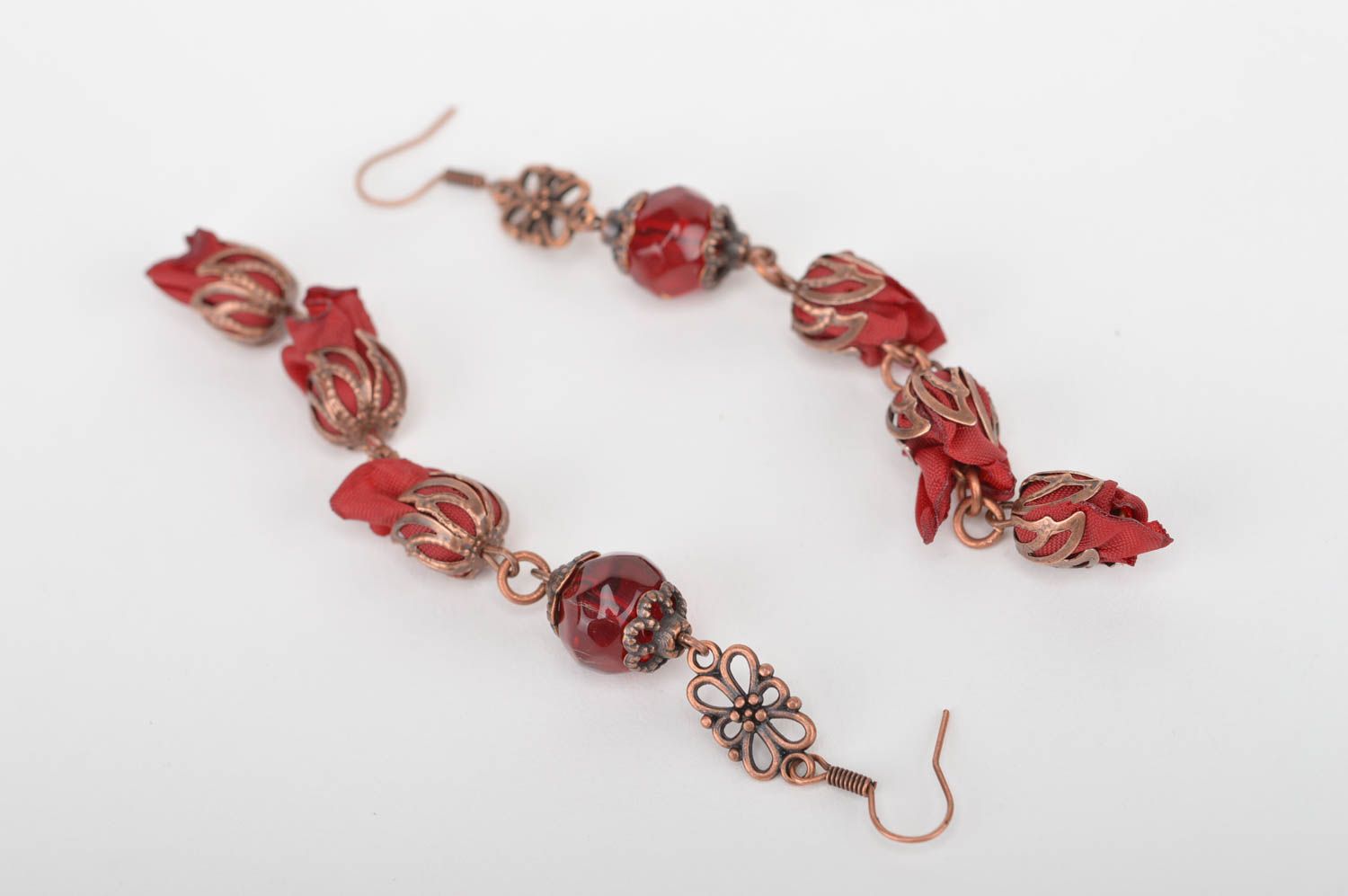 Handmade beautiful long earrings stylish flower accessory textile earrings photo 4