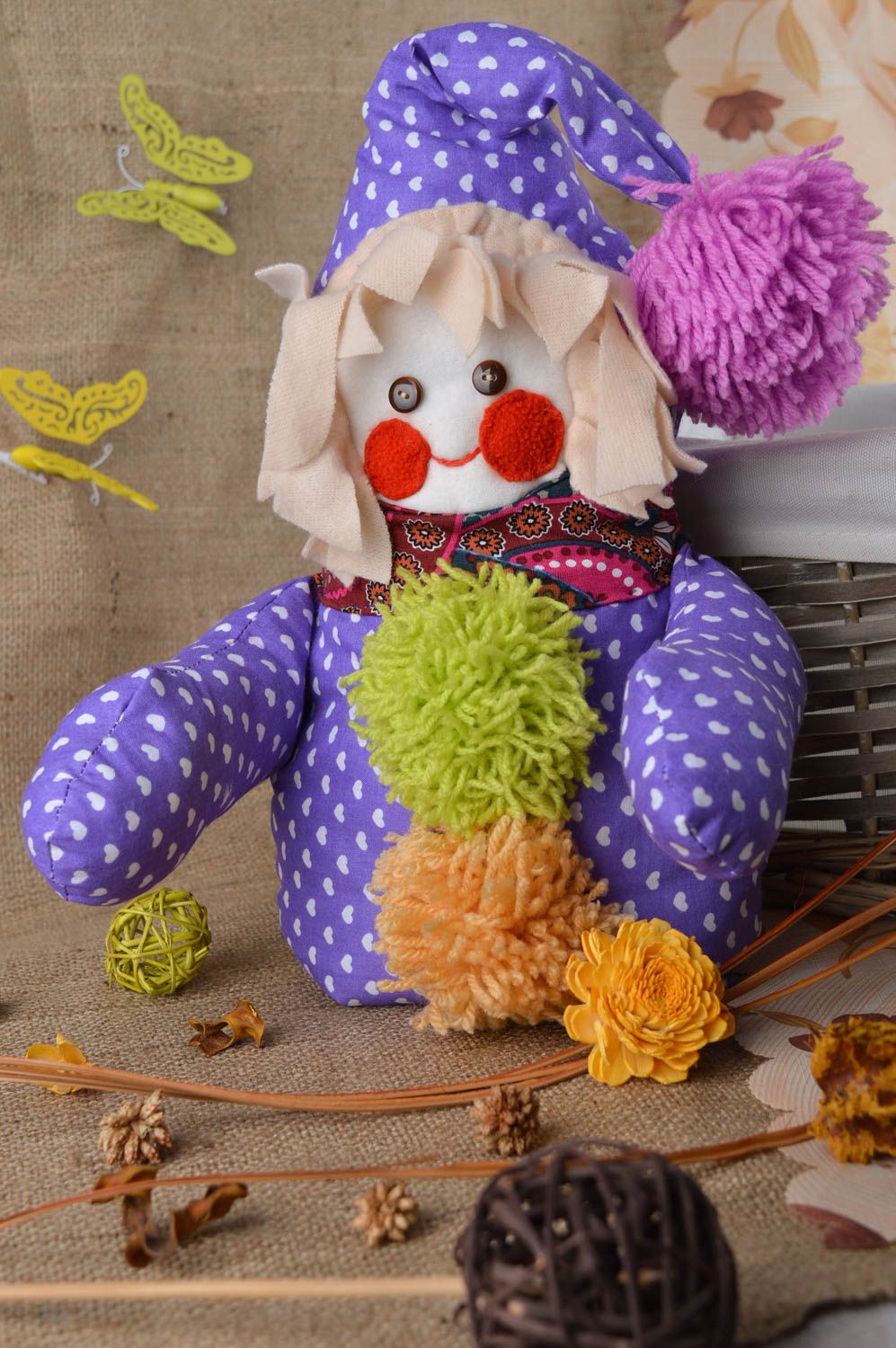 Кукла ручной работы кукла из ткани мягкая кукла оригинальная Гномик с помпонами фото 1