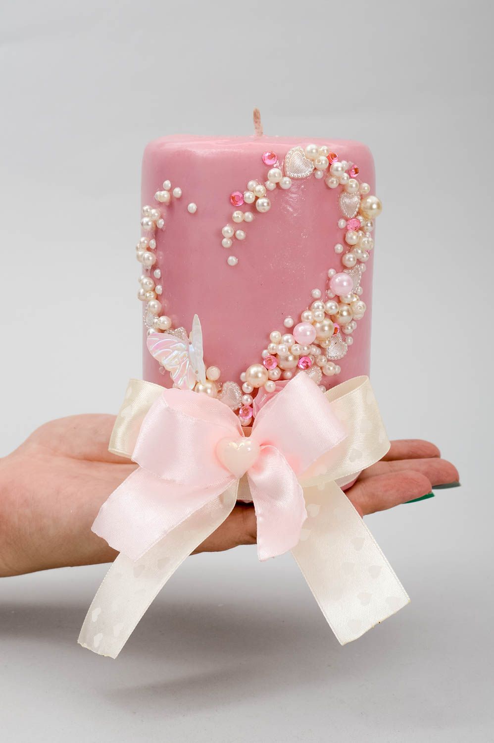 Unscented pink holiday wedding pillar candle with non-toxic cord 5,12 inch, 1.44 lb photo 5