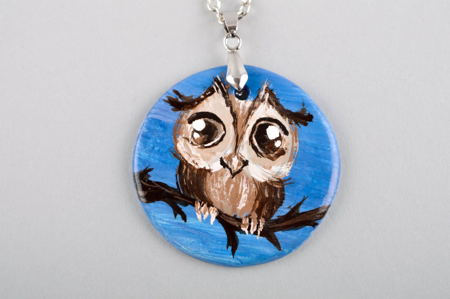 Handmade stylish accessory polymer clay pendant unusual pendant with owl photo 3