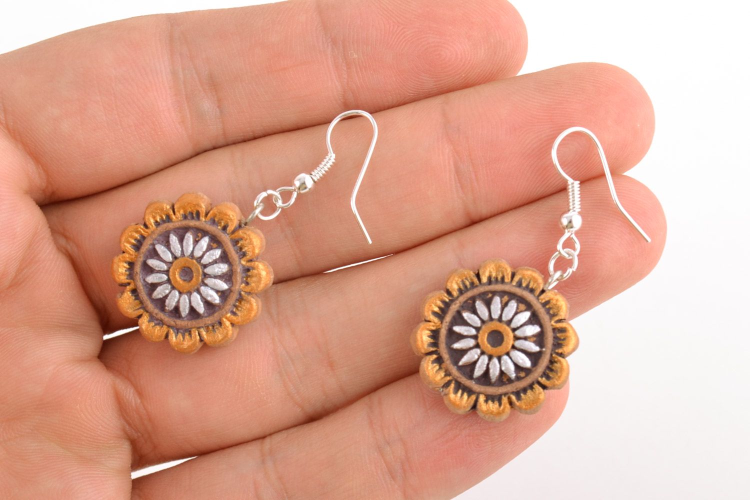 Handmade small tender painted ceramic round floral dangling earrings  photo 2