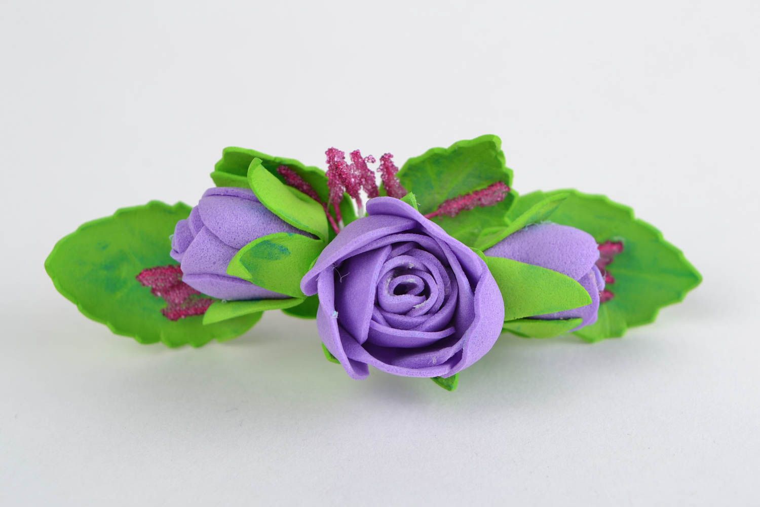 Barrette pour cheveux foamiran faite main avec roses violettes pratique photo 1