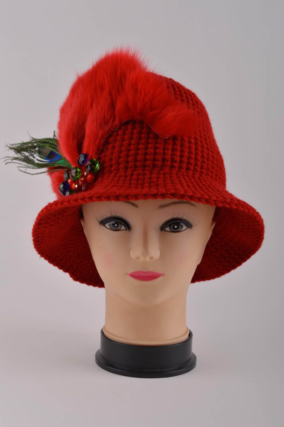 Вязаная шапка ручной работы шапка с мехом лисицы зимняя шапка красная шляпа фото 3