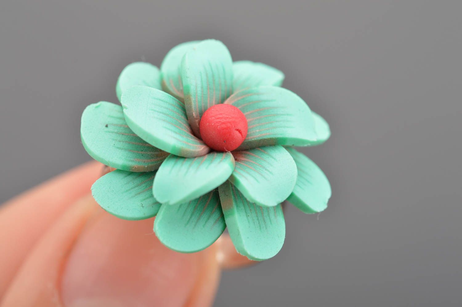 Handmade stylish cute unusual volume ring made of polymer clay with flower photo 2