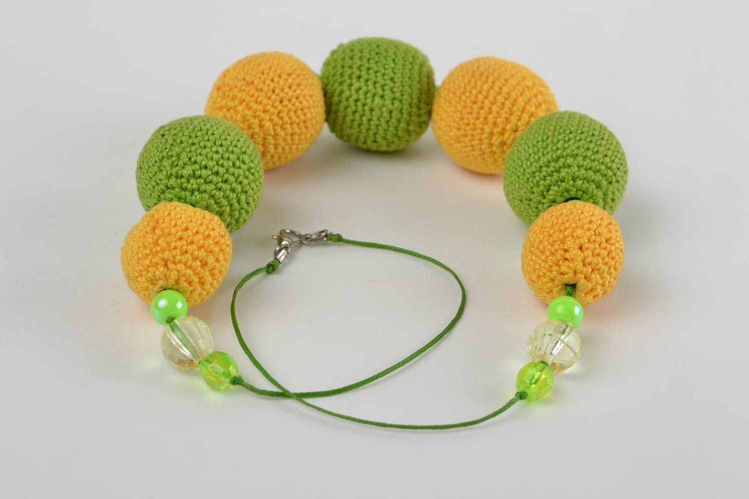 Woven cute handmade big yellow and light green unusual beautiful necklace photo 5