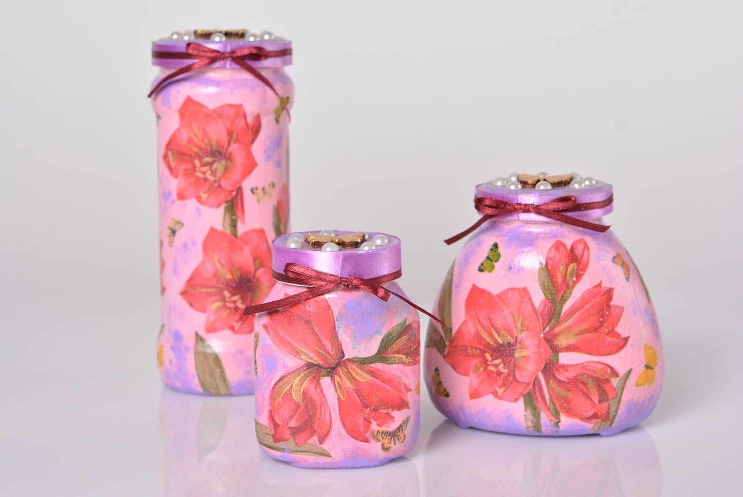 5-12 oz hand-painted three jars' set with floral pattern in red color 2 lb photo 1