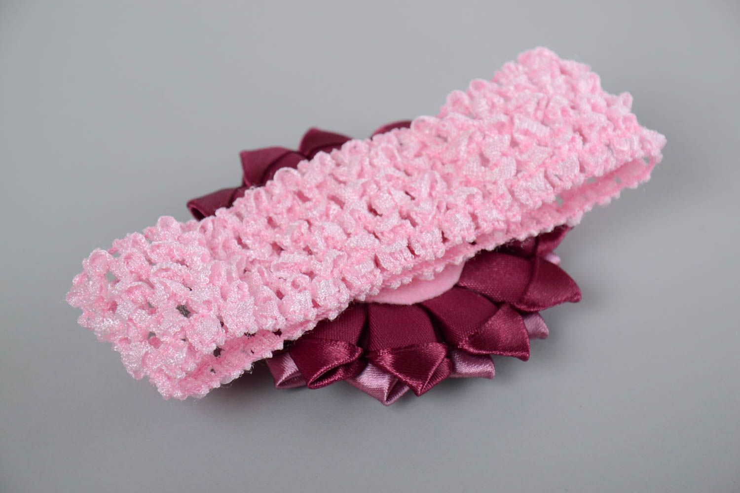 Handmade designer stretch crocheted headband with lilac kanzashi flower for girl photo 4