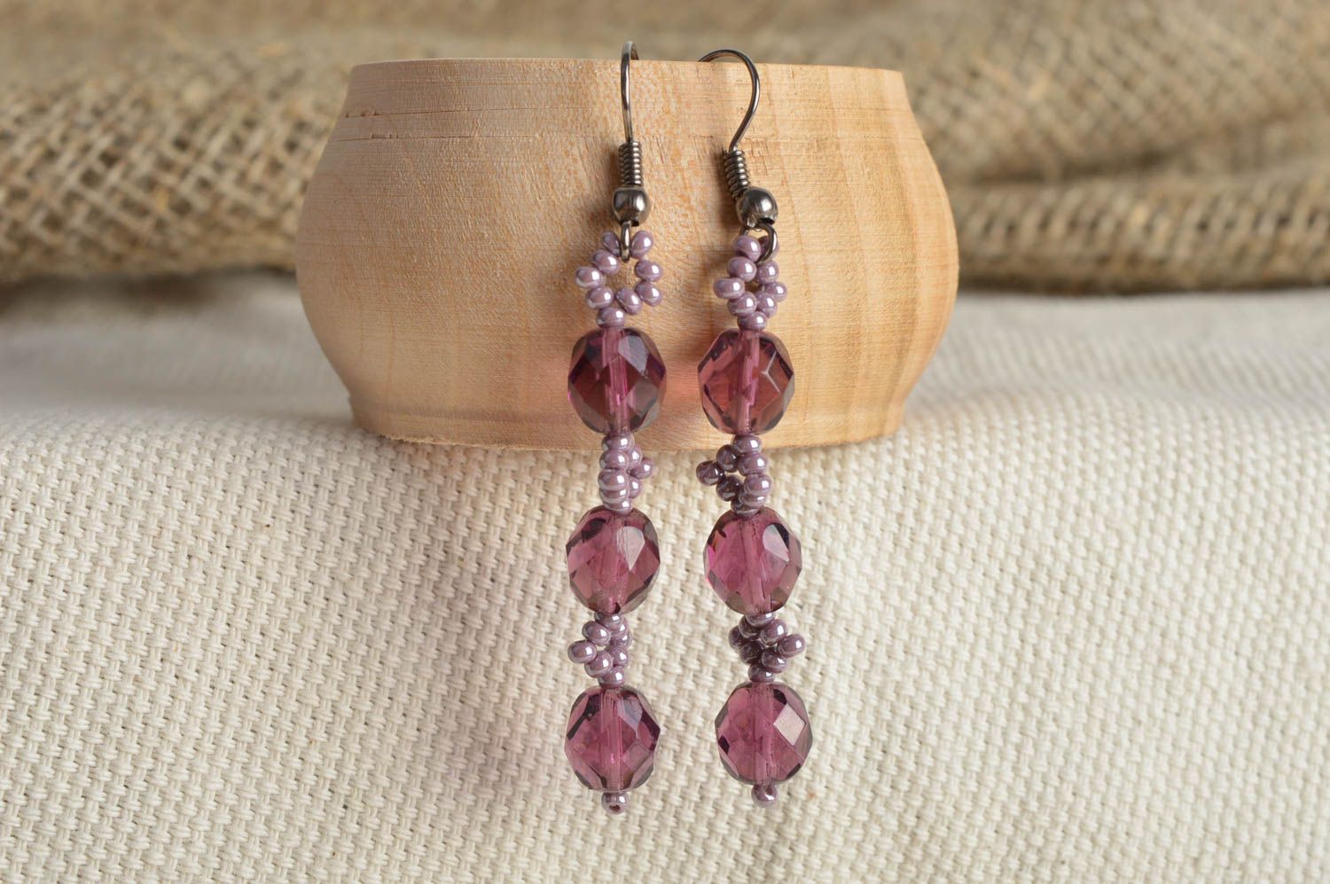 Handmade long laconic designer violet earrings with plastic and Czech beads photo 1