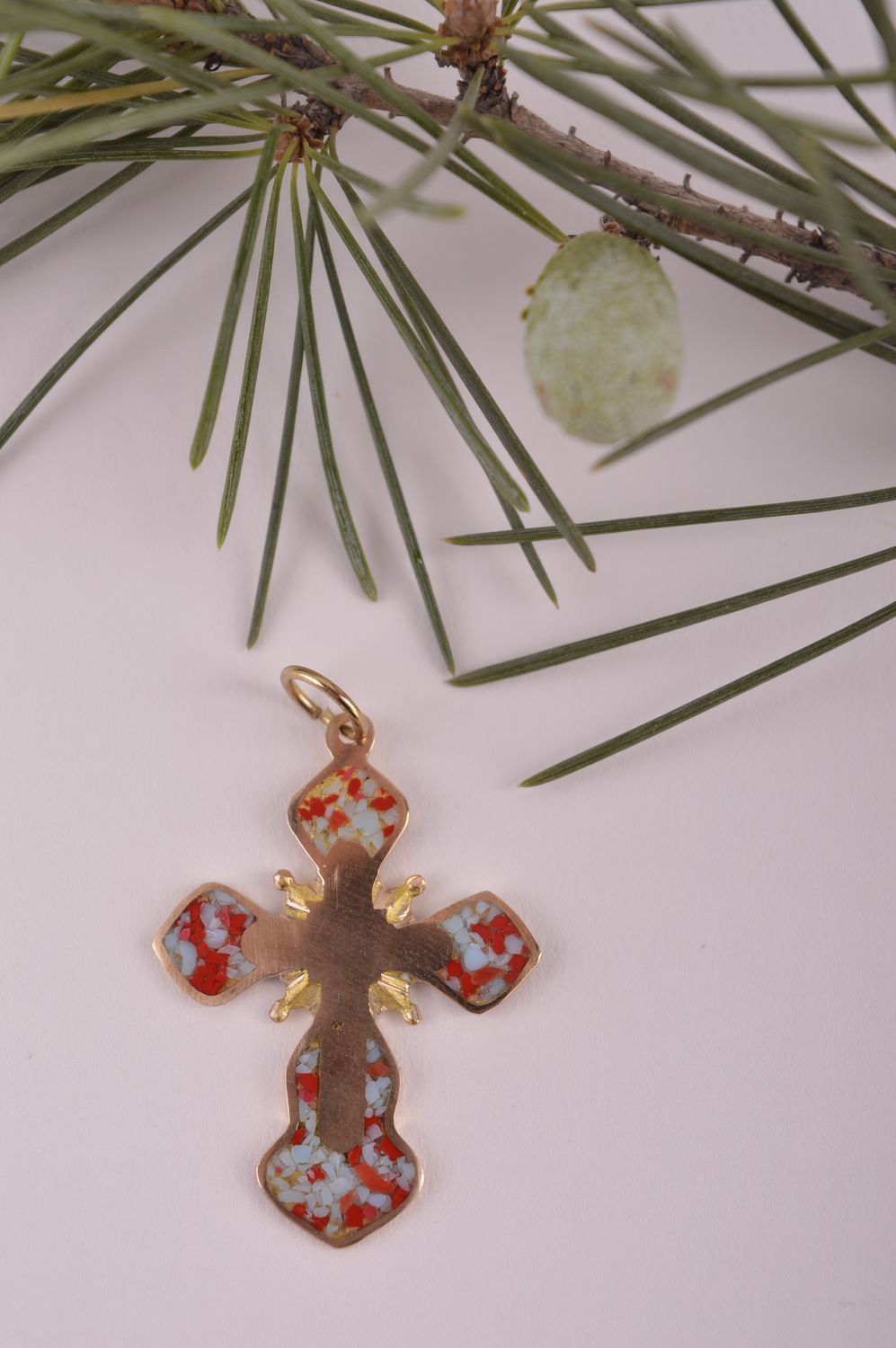 Pendentif croix Bijou fait main en laiton avec pierres Cadeau original photo 1