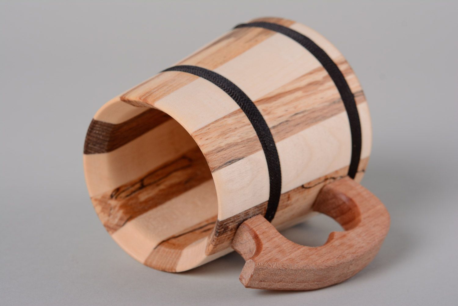 Small handmade decorative wooden beer mug created of ash-tree and beech wood photo 4