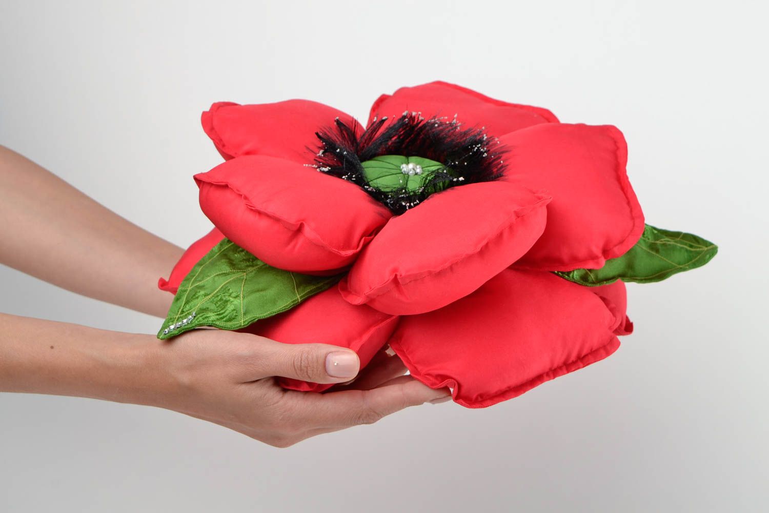 Coussin fleur de pavot rouge fait main Déco maison en tissus Cadeau original photo 2
