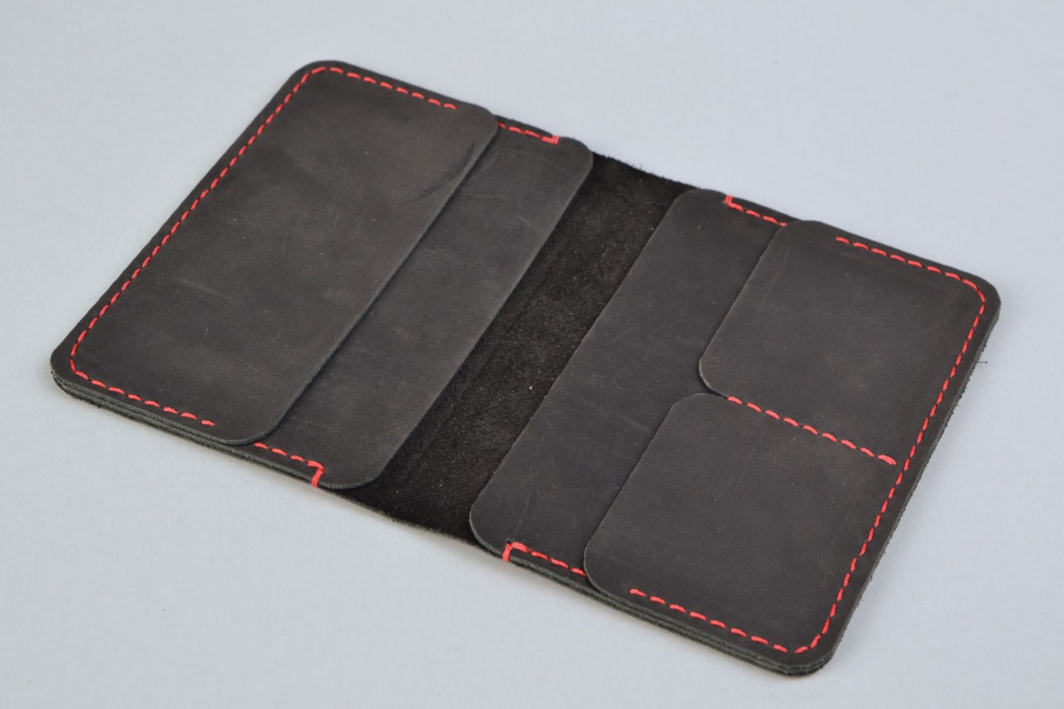 Handmade dark leather passport cover with pockets photo 3