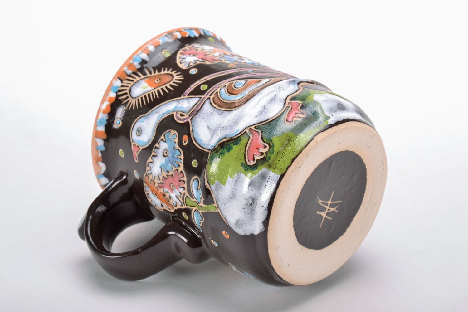 Decorative art glazed coffee mug with handle and funny goose pattern photo 4
