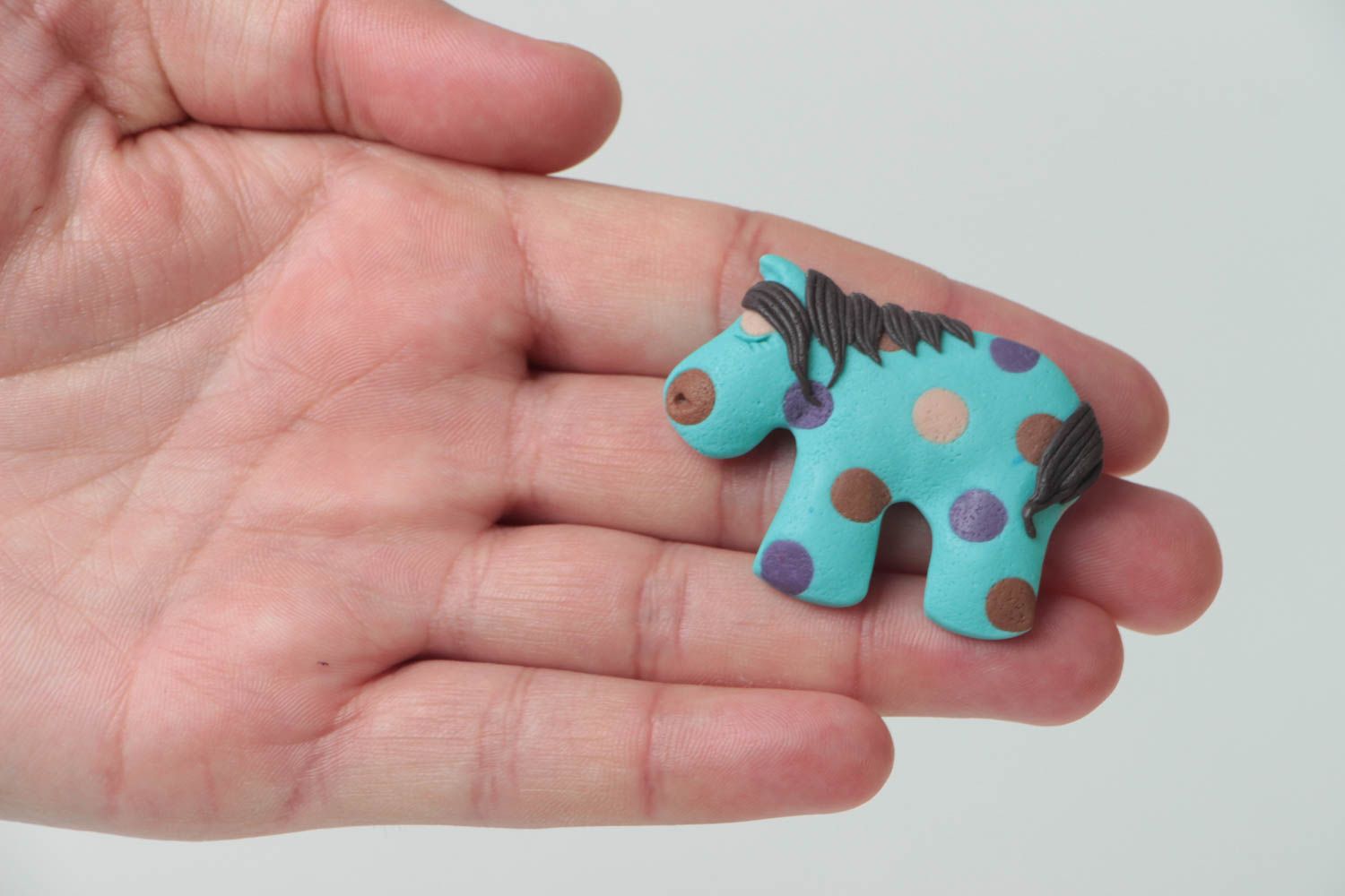 Handmade designer polymer clay animal brooch small blue polka dot horse photo 5