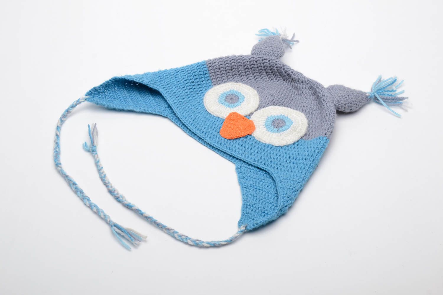 Bonnet tricoté à la main bleu en forme de hibou fait main original pour enfant photo 2